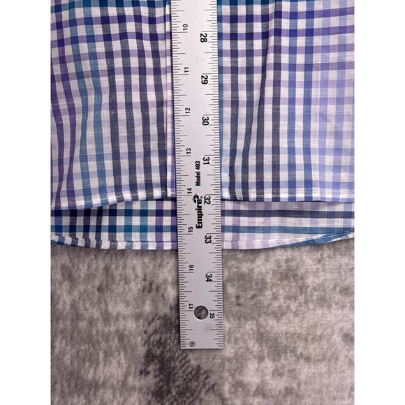 Etro Shirt 44 / XL Mens Linen Gingham Check Blue Long Sleeve Button Down - Picture 6 of 8